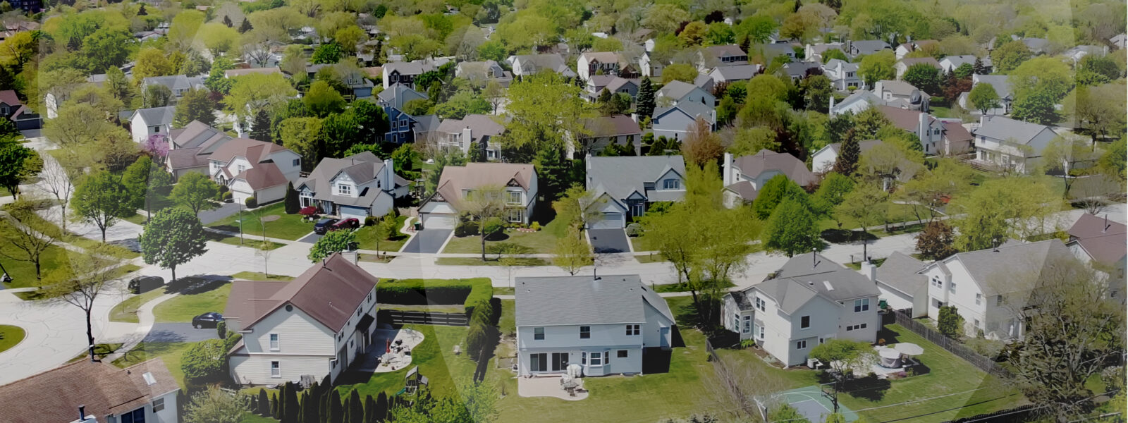 Drone view of a leafy suburban midwestern neighborhood